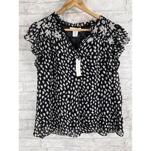 New‎ Cupcakes and Cashmere Women Small Black White Ruffle Sleeve Top Chiffon